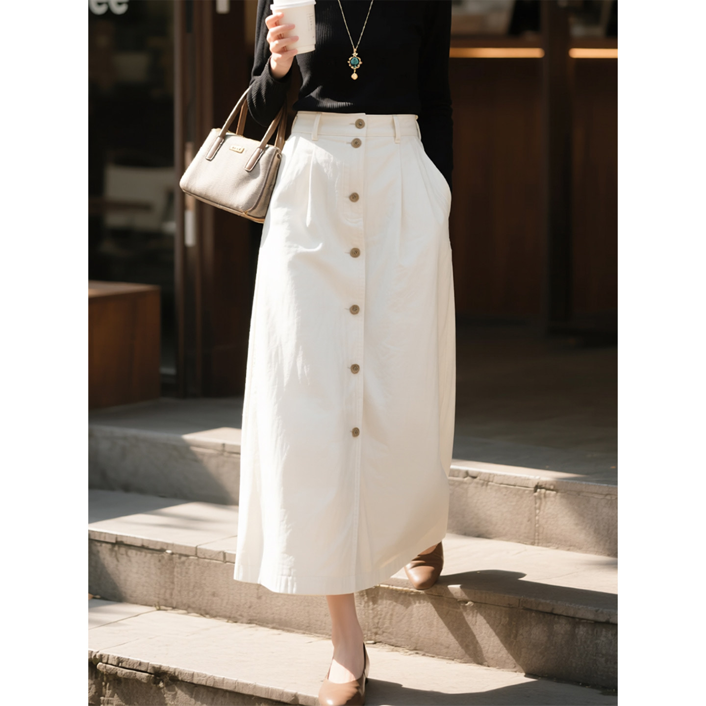 简约风高腰半身裙女2026春季新款单排扣A字长裙设计感显瘦通勤裙,女装/女士精品,半身裙,淘宝优惠券,粉丝福利购,淘宝优惠卷
