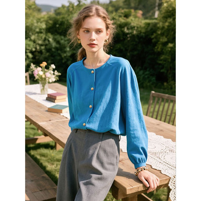 蓝色圆领磨毛灯芯绒衬衫女2025
