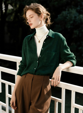 墨绿色磨毛衬衫女2025年秋冬新款内搭叠穿长袖衬衣复古港风上衣