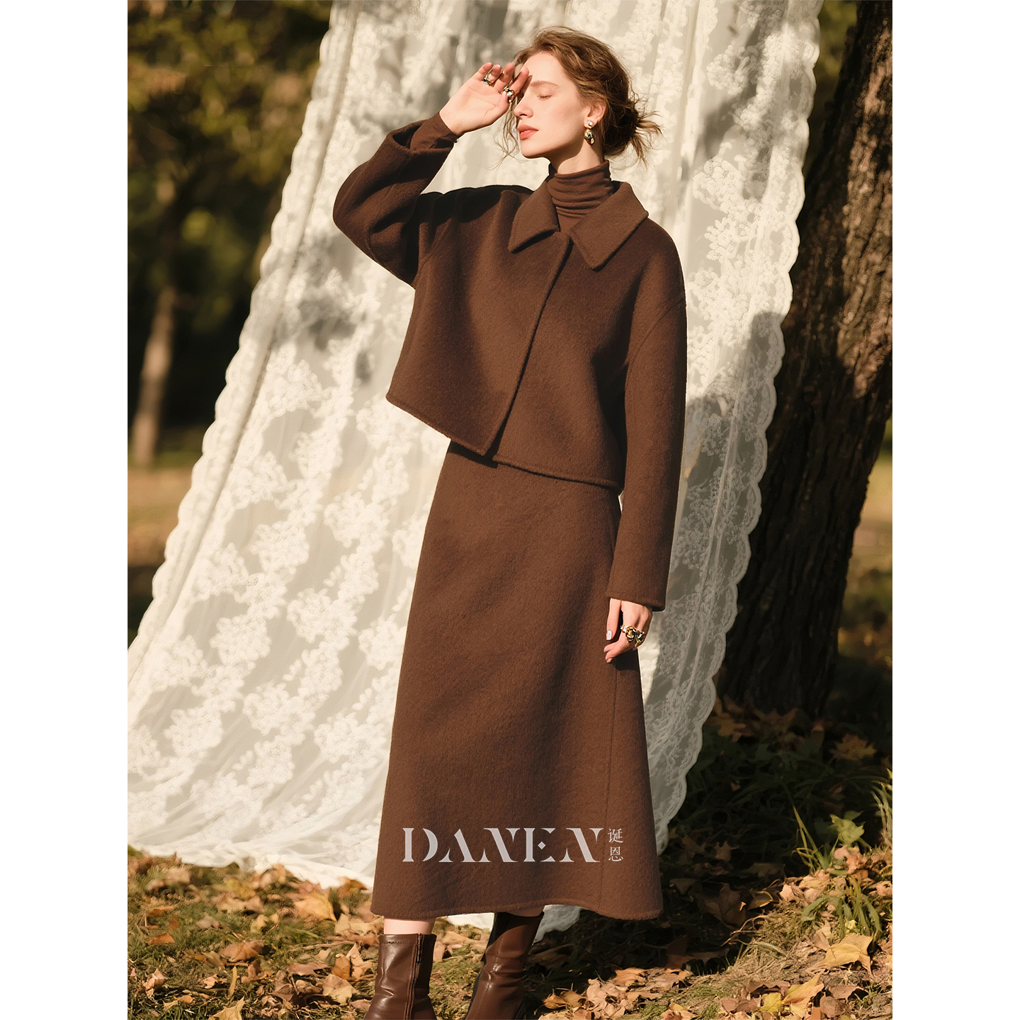 棕色羊毛双面呢套装女2025年秋冬