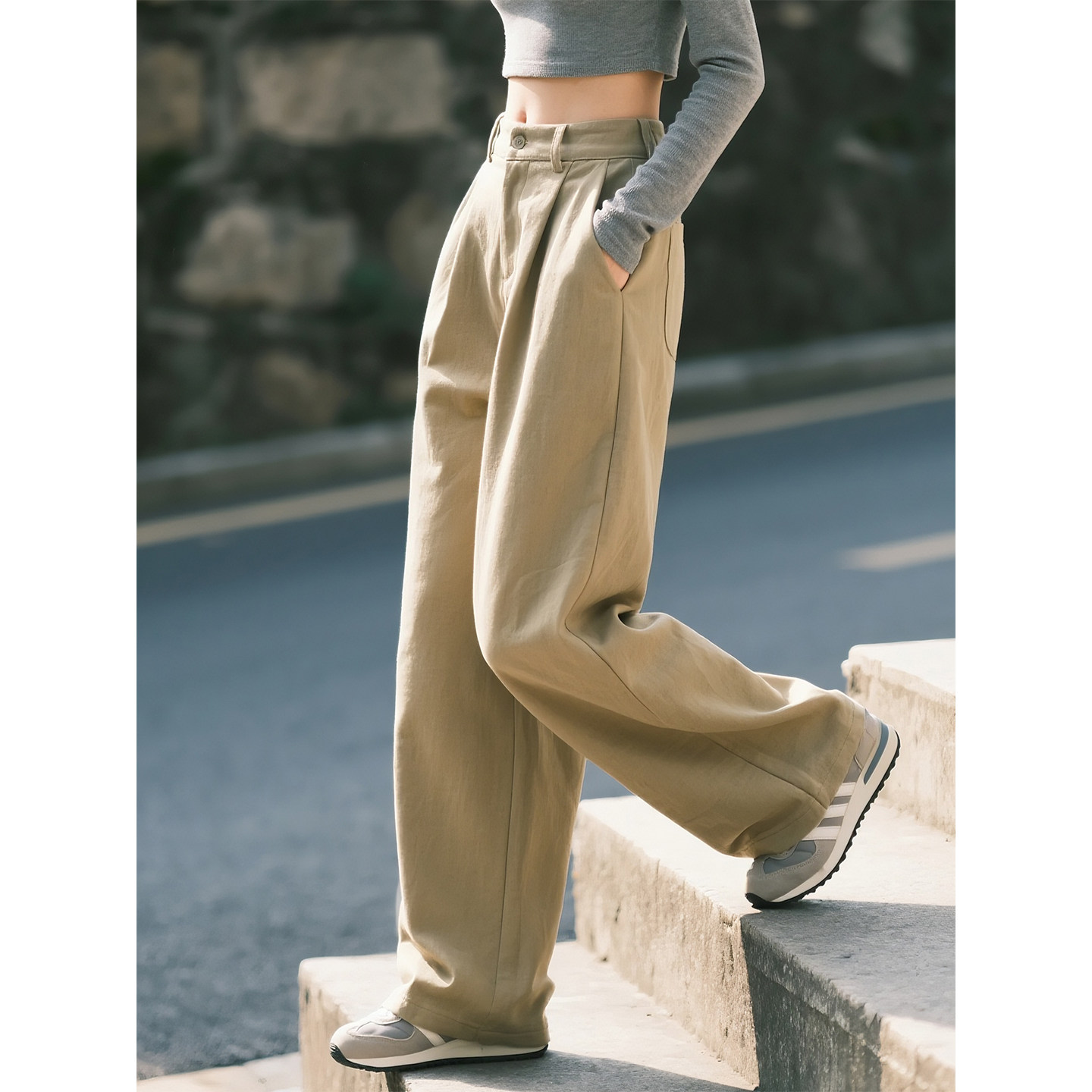 卡其色高腰阔腿裤女2026年春季新款休闲风宽松显瘦垂感直筒长裤,女装/女士精品,休闲裤,淘宝优惠券,粉丝福利购,淘宝优惠卷