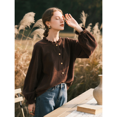 深棕色木耳领灯芯绒衬衫女2025