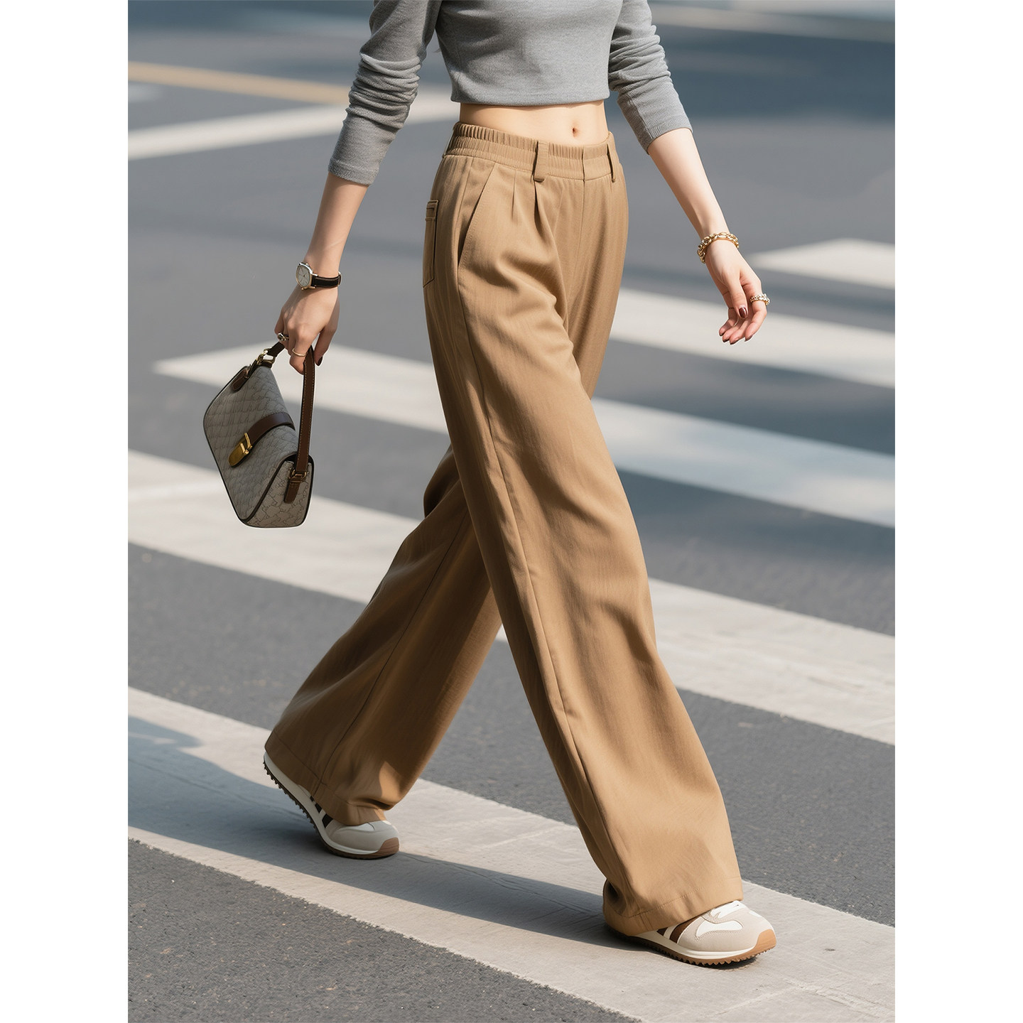卡其色极简风高腰阔腿裤女2026年春季新款百搭显瘦简约直筒休闲裤,女装/女士精品,休闲裤,淘宝优惠券,粉丝福利购,淘宝优惠卷