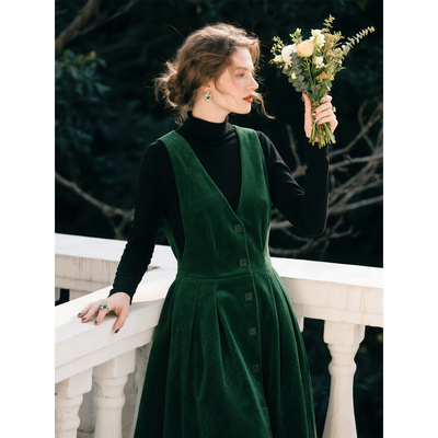 墨绿色灯芯绒纯棉背带连衣裙女