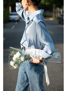 蓝色水光缎面衬衫女2026年春季新款法式通勤长袖衬衣高级感上衣