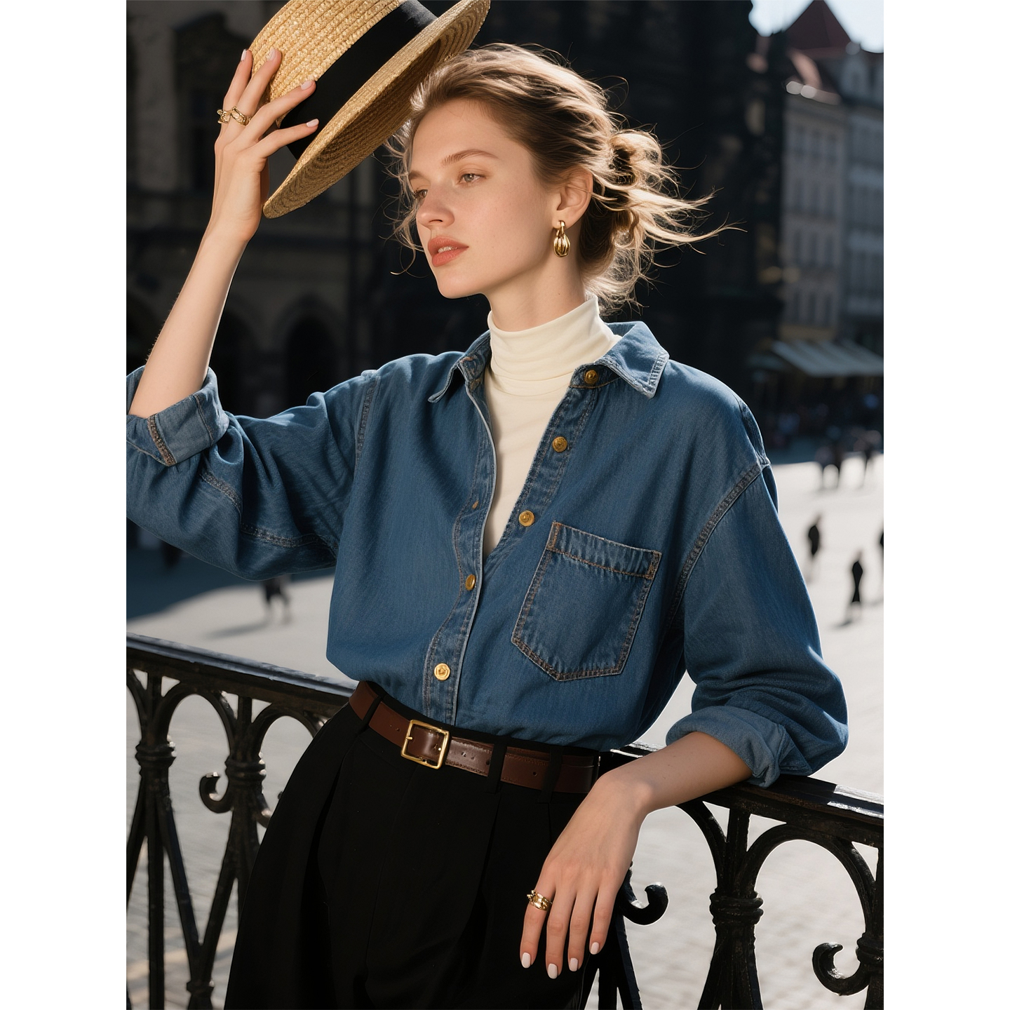 蓝色复古牛仔衬衫女2025年