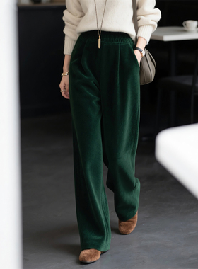 深绿色阔腿裤女2025年秋冬新款高腰宽松显瘦通勤窄版休闲直筒裤