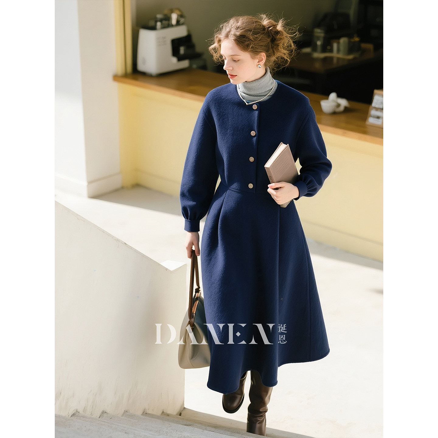 深蓝色圆领毛呢连衣裙女2026年秋冬新款高级感羊毛显瘦气质长裙子,女装/女士精品,连衣裙,淘宝优惠券,粉丝福利购,淘宝优惠卷