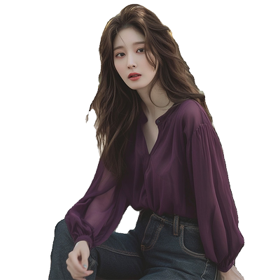 紫色V领衬衫女春夏薄款早秋上衣