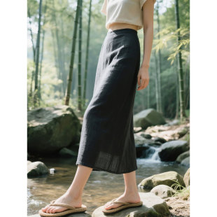 直筒包臀裙子 深灰色亚麻半身裙女2025年夏季 新款 高腰显瘦薄款 长款