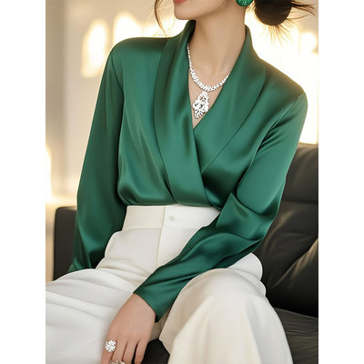 墨绿色缎面衬衫女2025年秋季