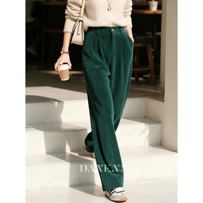 墨绿色高腰毛呢阔腿裤直筒长裤子