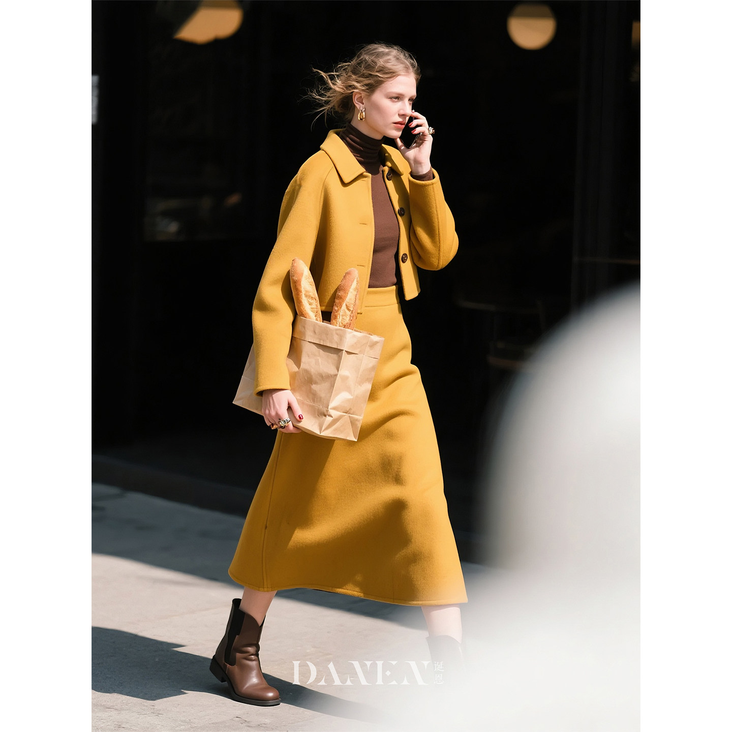 姜黄色100羊毛双面呢套装女2026年秋冬新款翻领毛呢半身裙两件套,女装/女士精品,时尚套装,淘宝优惠券,粉丝福利购,淘宝优惠卷