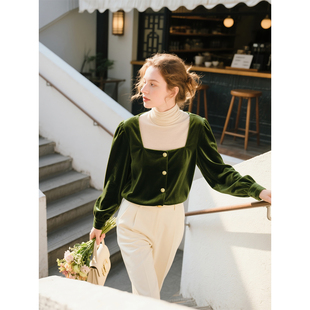 绿色方口领丝绒衬衫女2026春季新款时尚气质设计感法式百搭衬衣