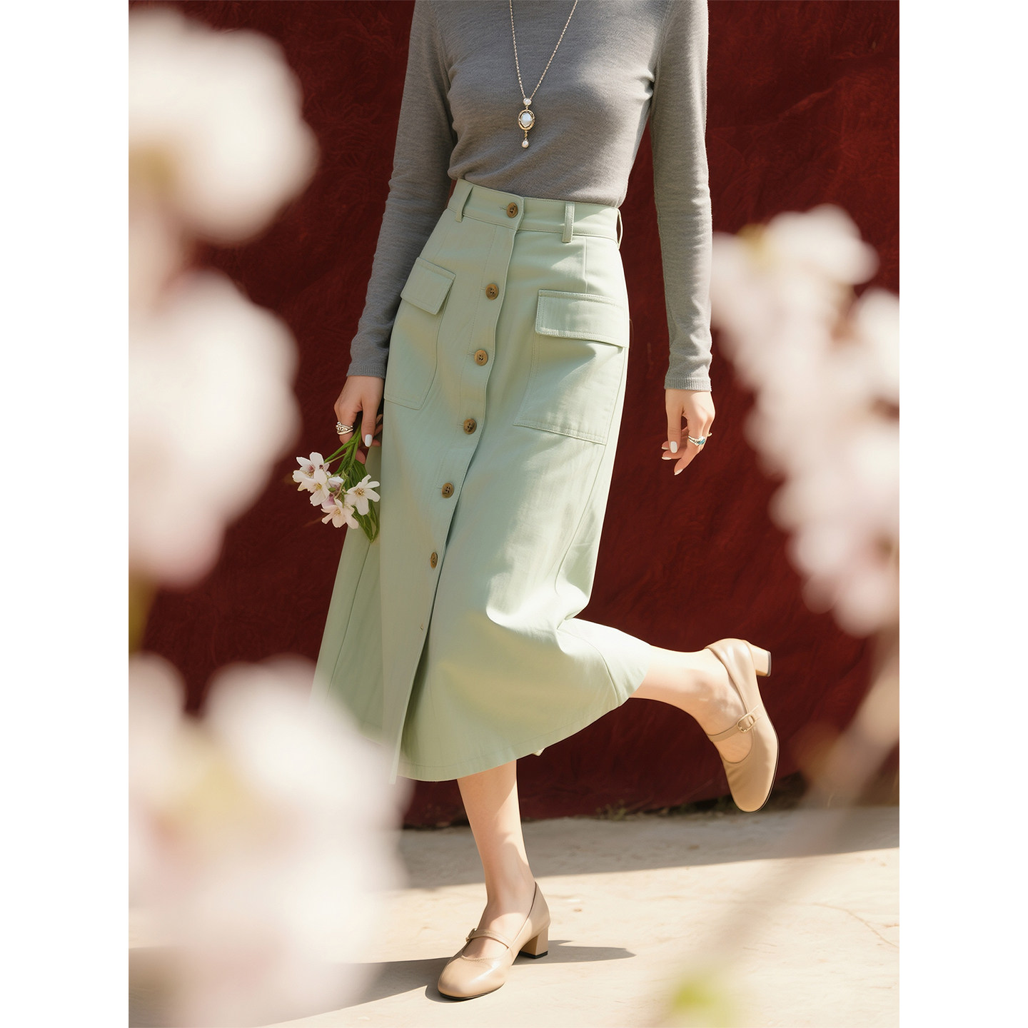复古豆绿色半身裙女2026春季新款高腰显瘦纽扣开叉直筒中长裙子,女装/女士精品,半身裙,淘宝优惠券,粉丝福利购,淘宝优惠卷