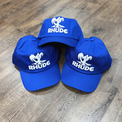 美式街头潮牌RHUDE克莱因蓝软顶棕榈树印花棒球帽鸭舌帽男女帽子