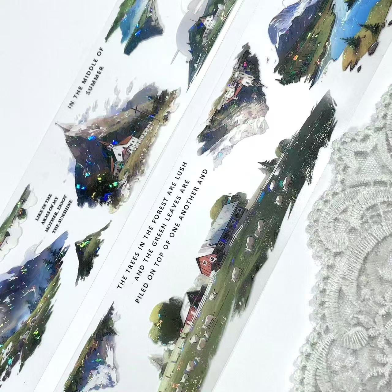 林木青翠.手帐胶带造景房屋树木山峰田园PET和纸流麻贴纸手账素材