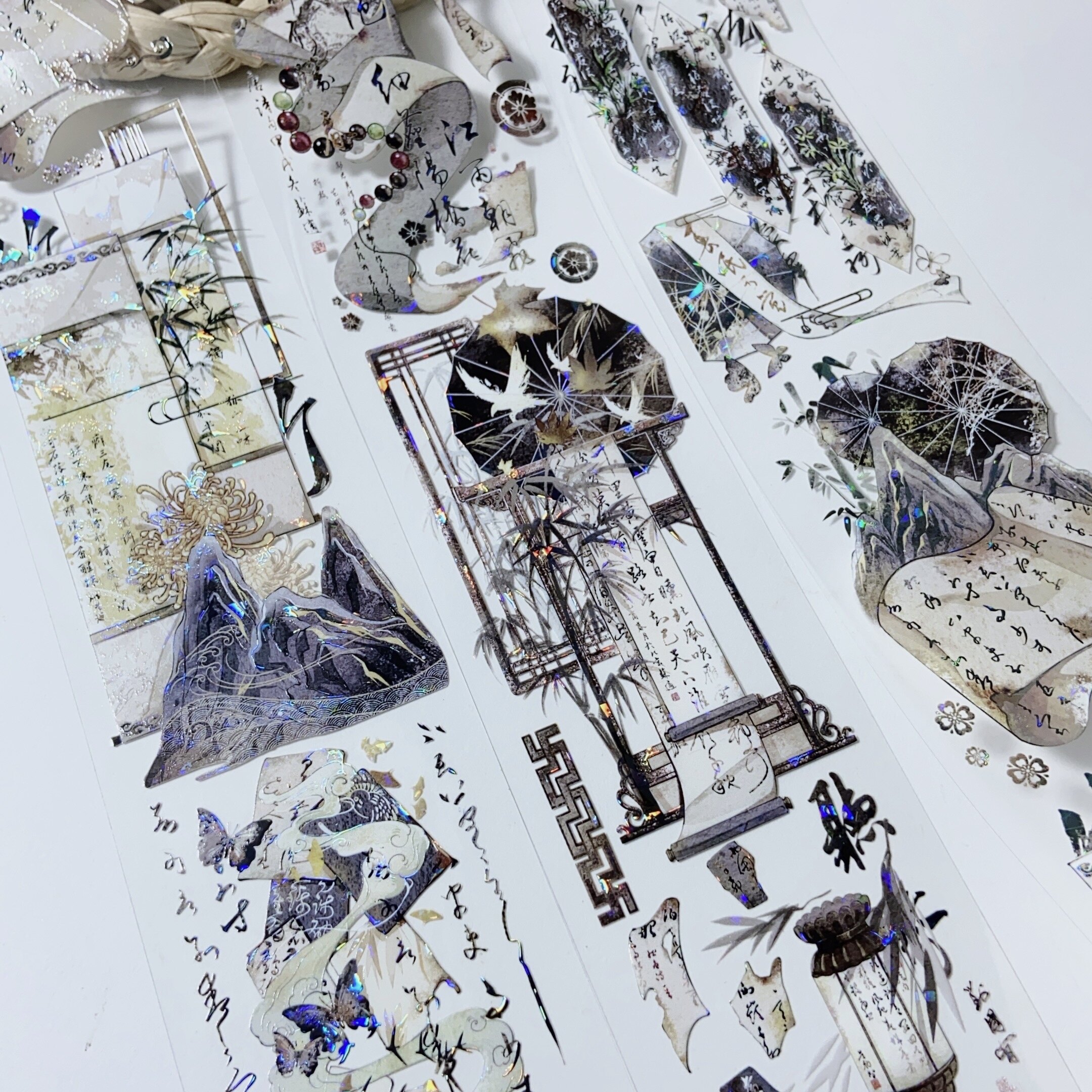 竹韵生香.手帐pet胶带古风屏风文字贝壳光造景流麻和纸贴纸素材