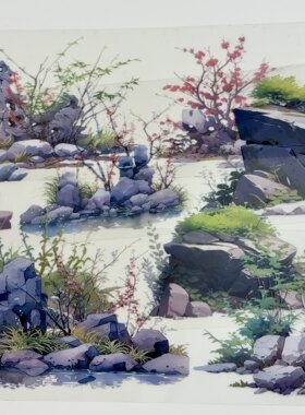叠石翠岭.手账古风造景贴纸pet和纸胶带假山盆栽手帐流麻素材分装