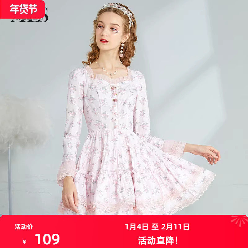 艾丽丝2026春季新款甜美减龄公主风短款连衣裙长袖方领碎花蛋糕裙,女装/女士精品,连衣裙,淘宝优惠券,粉丝福利购,淘宝优惠卷