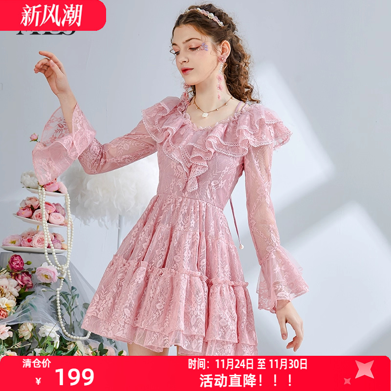 艾丽丝2025秋季新款仙气粉色刺绣短款公主裙甜美喇叭袖V领连衣裙