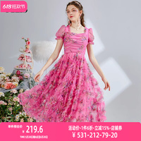 艾麗絲2025夏季新款紅色方領(lǐng)印花顯瘦連衣裙甜美短袖中長款仙女裙