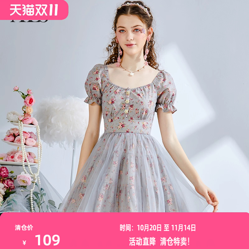艾丽丝2025夏季新款灰色复古印花短款连衣裙女甜美网纱显瘦公主裙