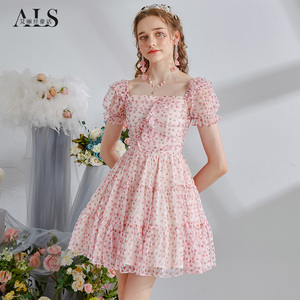 艾丽丝2026夏季新款网纱印花短袖连衣裙粉色甜美碎花荷叶边公主裙