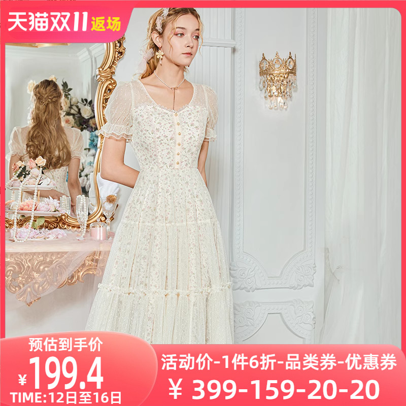 艾丽丝中长款雪纺碎花连衣裙女2023夏季新款网纱拼接v领温柔裙子