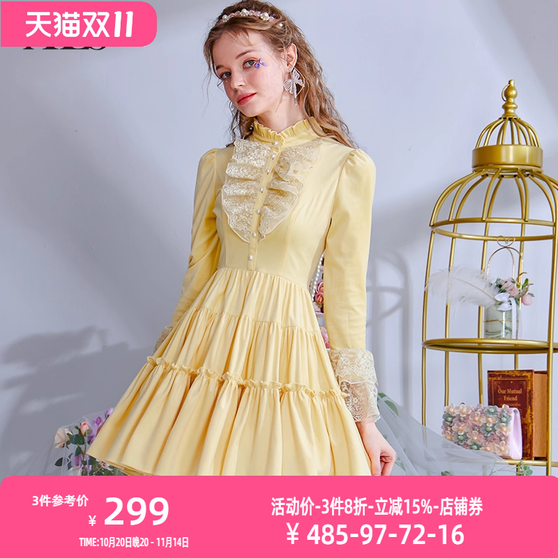 艾丽丝2025秋季新款灯芯绒黄色甜美公主风蛋糕裙泡泡袖短款连衣裙