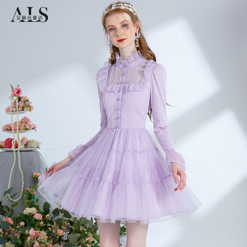 艾丽丝2025秋季新款甜美网纱公主裙紫色针织短款蕾丝荷叶边连衣裙