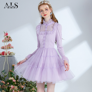 蕾丝荷叶边连衣裙 甜美网纱公主裙紫色针织短款 艾丽丝2026春季 新款
