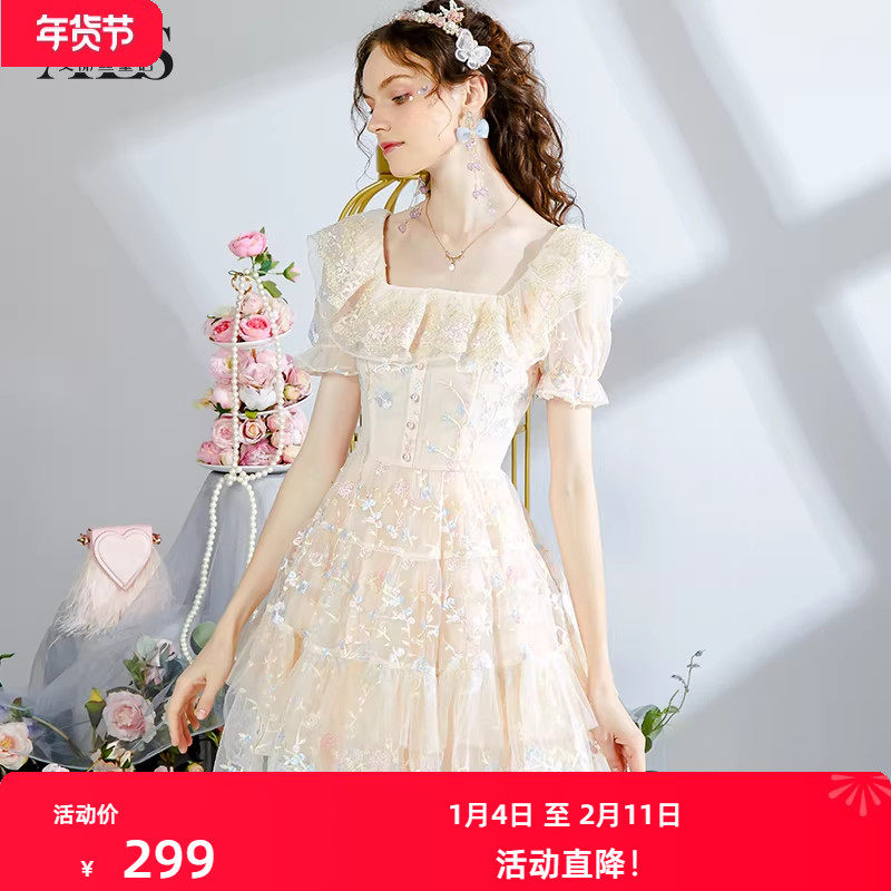 艾丽丝2025夏季新款仙气刺绣短款公主裙优雅蕾丝短袖蛋糕连衣裙女,女装/女士精品,连衣裙,淘宝优惠券,粉丝福利购,淘宝优惠卷