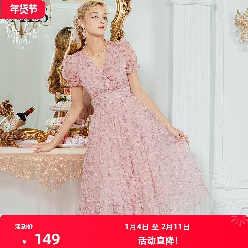 艾丽丝网纱印花公主裙2025夏季新款收腰显瘦复古气质大裙摆连衣裙,女装/女士精品,连衣裙,淘宝优惠券,粉丝福利购,淘宝优惠卷