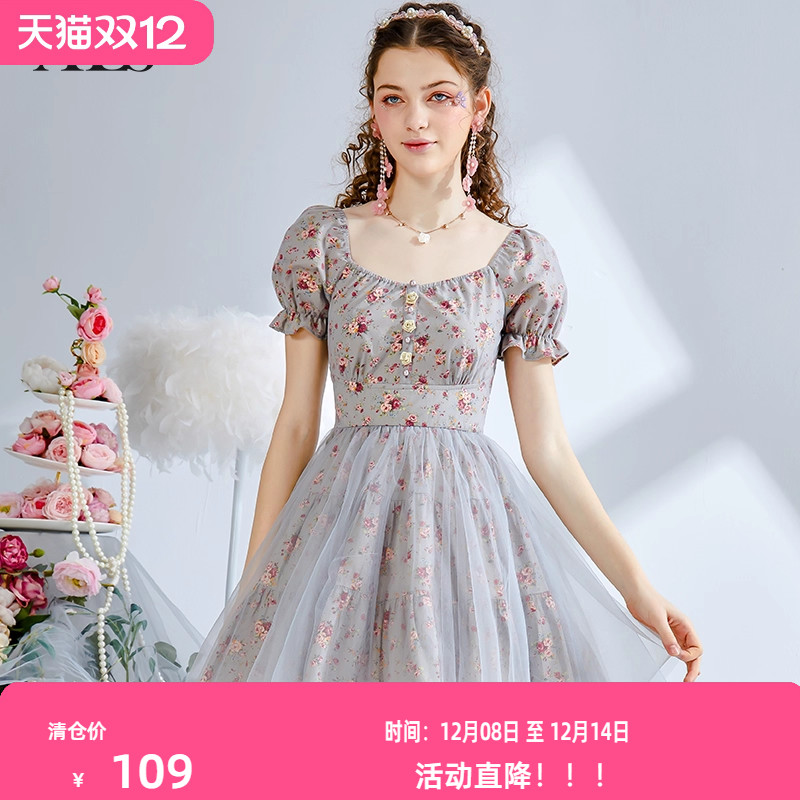 艾丽丝2025夏季新款灰色复古印花短款连衣裙女甜美网纱显瘦公主裙