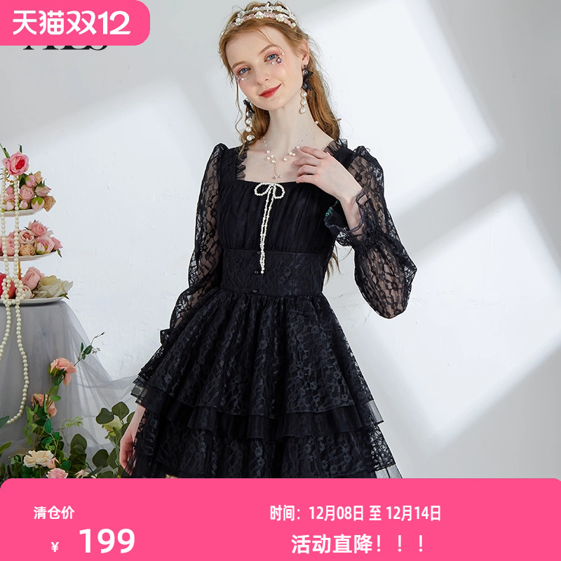 艾丽丝2025秋季新款甜美公主风蛋糕裙长袖方领短款连衣裙黑色白色