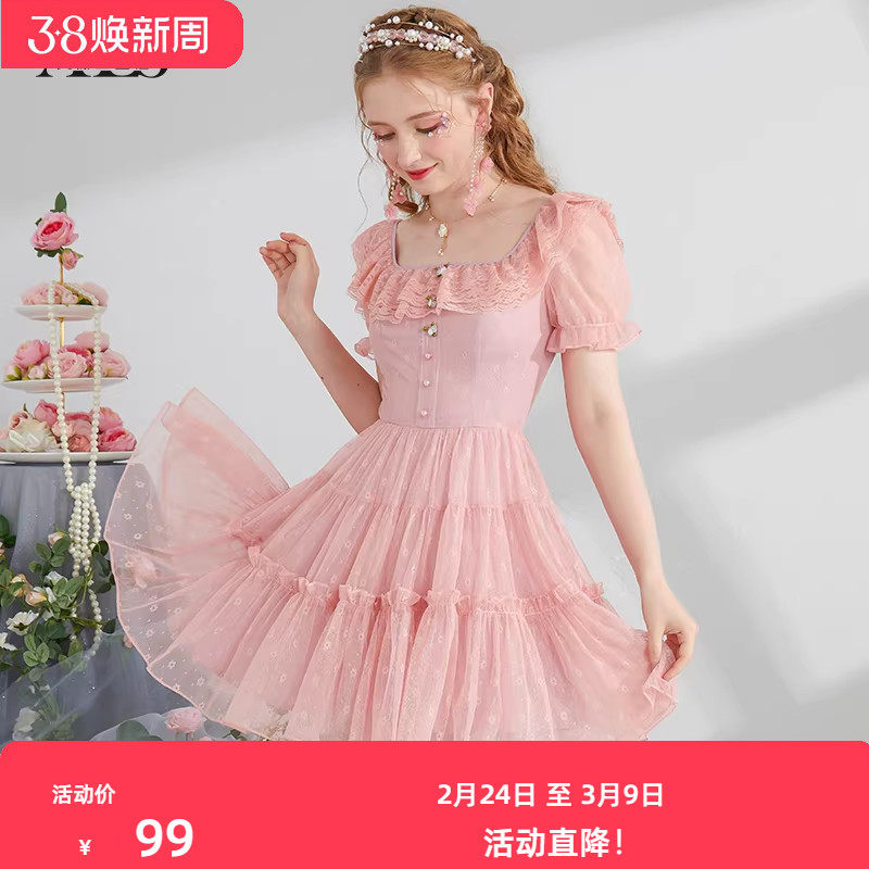 艾丽丝2025夏季新款甜美减龄公主裙子方领短袖收腰显瘦短款连衣裙