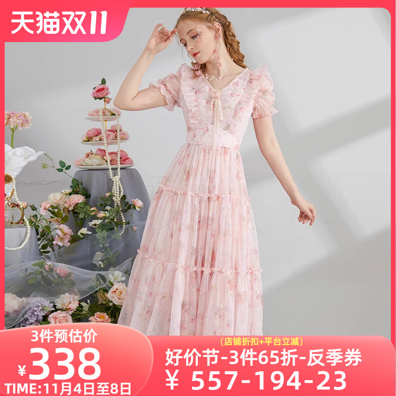 艾丽丝2023夏季新款粉色甜美超仙公主裙短袖网纱中长款碎花连衣裙