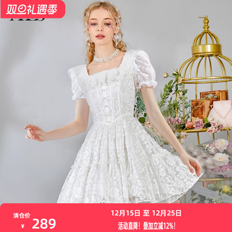 2025夏季新款甜美减龄公主裙刺绣娃娃领白色蕾丝短款连衣裙