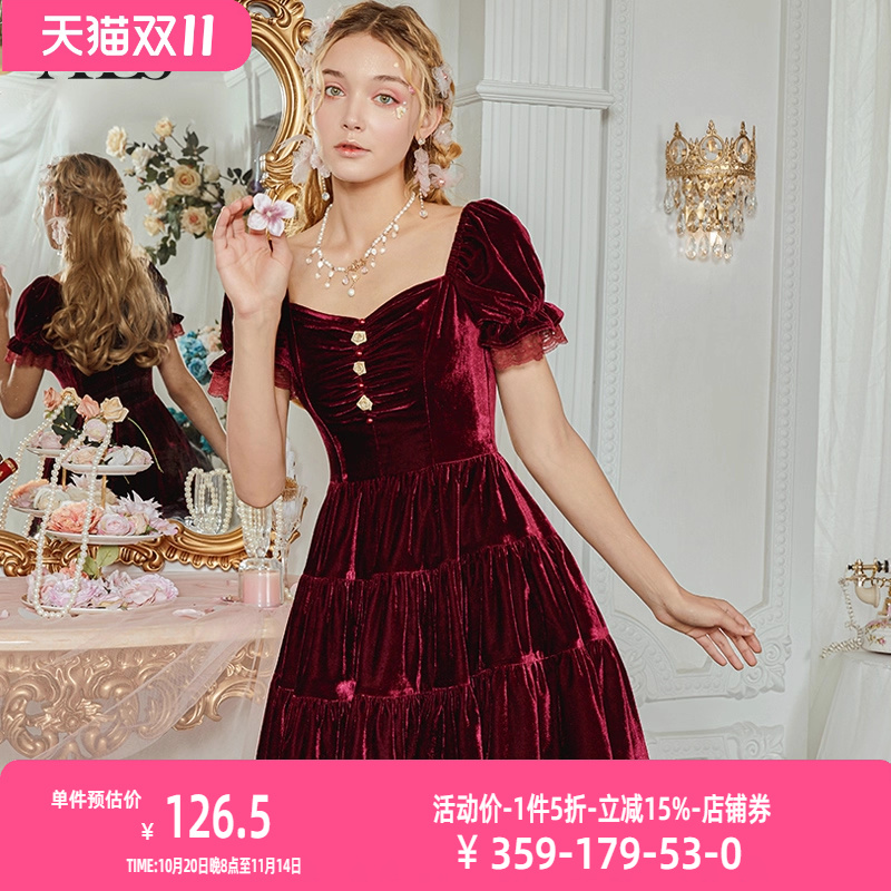 艾丽丝2025新年夏季新款红色甜美公主裙方领高级感丝绒短款连衣裙