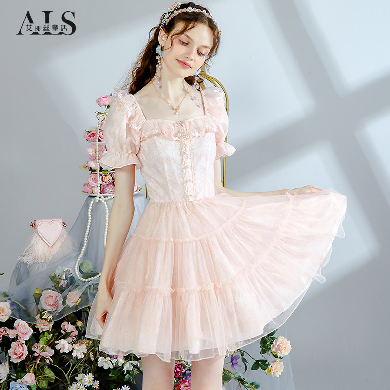 艾丽丝2025夏季新款甜美减龄粉色短袖短款连衣裙仙气蛋糕公主裙子