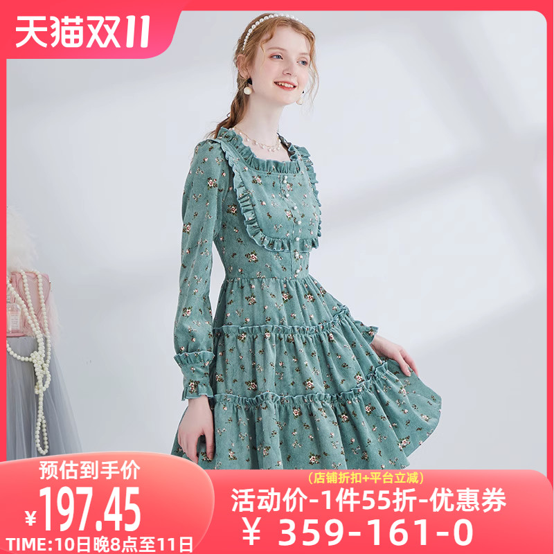 艾丽丝2023秋季新款优雅碎花灯芯绒连衣裙女方领长袖甜美公主裙子