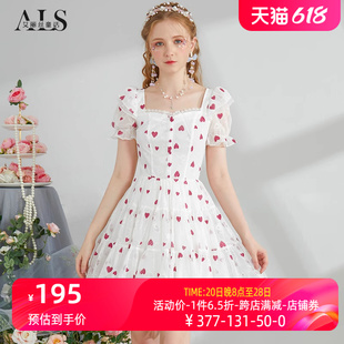 白色印花短款 连衣裙蕾丝短袖 新款 艾丽丝2024夏季 甜美蛋糕裙公主裙