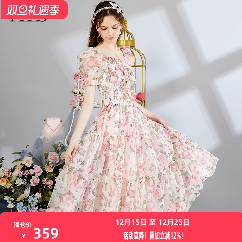艾丽丝2025夏季新款仙气印花中长款连衣裙女甜美网纱蕾丝蛋糕裙女