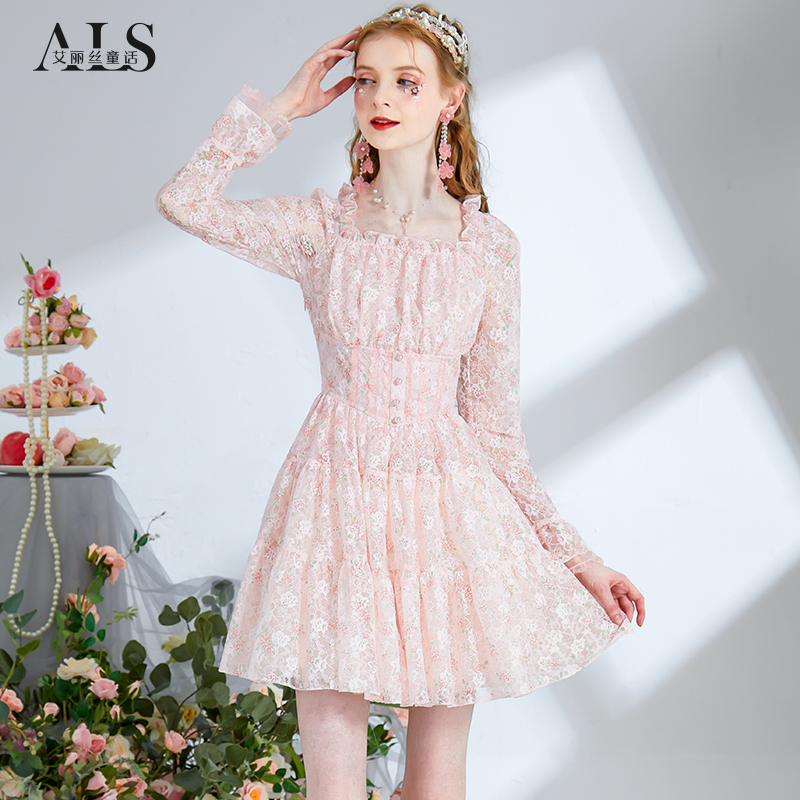 艾丽丝2025秋季新款蕾丝印花粉色甜美公主裙收腰显瘦短款连衣裙女