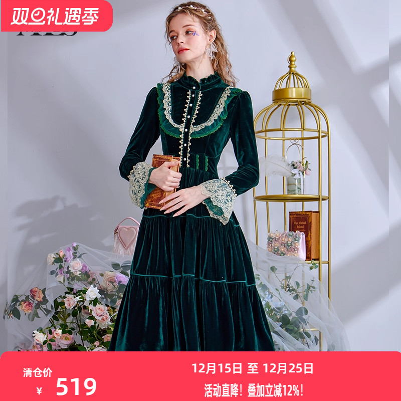 艾丽丝2025秋季新款优雅英伦风中长款连衣裙女泡泡袖绿色丝绒长裙