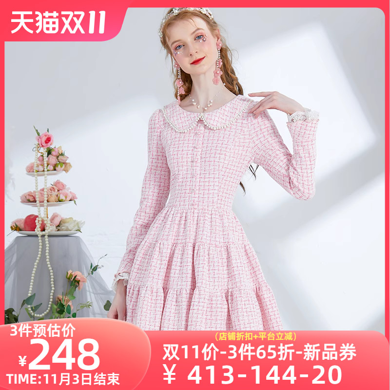 艾丽丝2023秋季新款甜美短款连衣裙蕾丝针织短裙粉色娃娃领公主裙