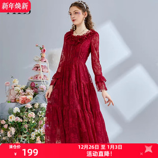 A字裙新年红色重工蕾丝连衣裙 宫廷刺绣中长款 艾丽丝2025秋季 新款