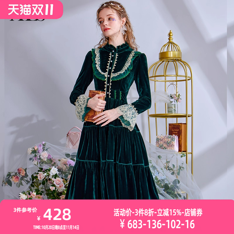 艾丽丝2025秋季新款优雅英伦风中长款连衣裙女泡泡袖绿色丝绒长裙