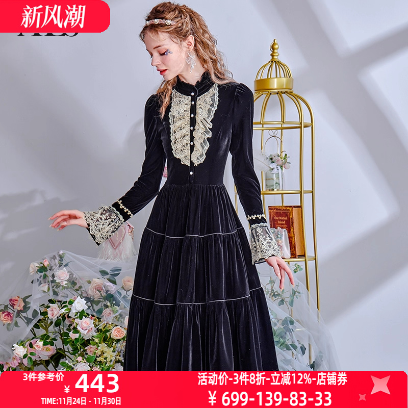 艾丽丝2025秋冬新款丝绒甜美蛋糕裙泡泡袖长袖黑色中长款连衣裙女